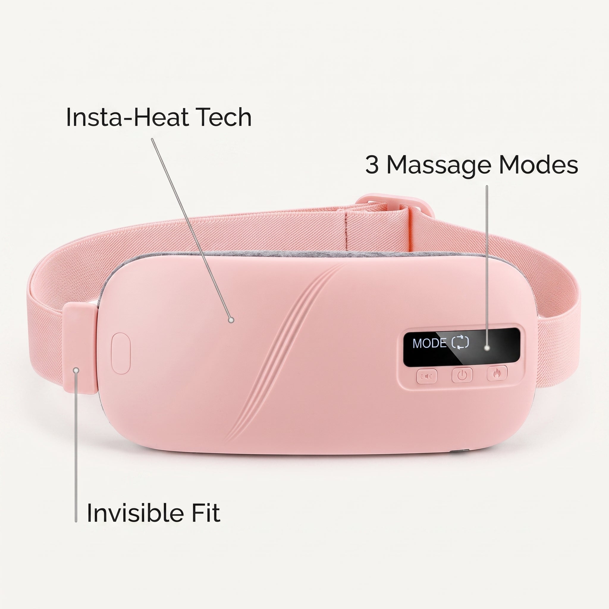 HerCalm product diagram showing Insta-Heat tech, invisible fit, and massage modes